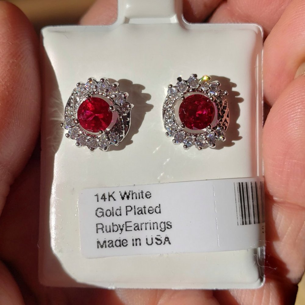 Ruby & CZ on 14K White Gold Plated Stud Earrings NWT in Box Made in USA